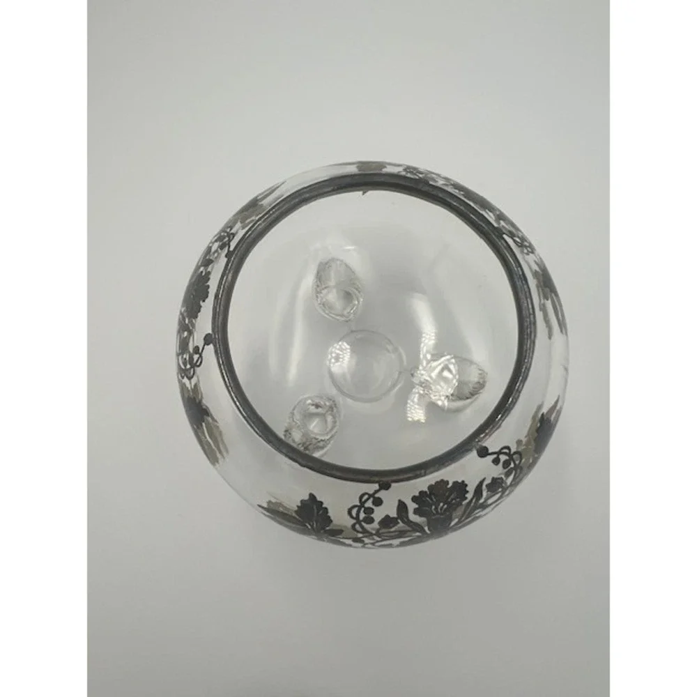 Viking Glass Vintage 3 Footed Rose Bowl Flower Frog Silver Overlay Floral Clear